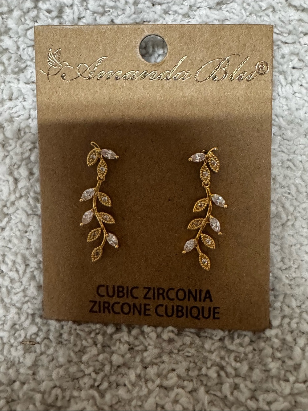 Gold Leaf Drop Earrings with Clear Stones
